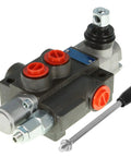 Angled front view of a gray 1-spool hydraulic directional control valve with red port plugs and manual lever