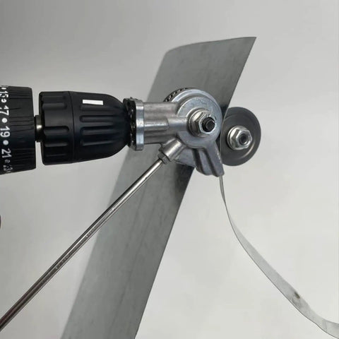 Heavy Duty Electric Drill Metal Cutter Attachment Nibbler Shear Tool for Sheet Metal Works mounted on drill with cutting strip.