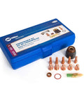 30 Amp XT30 Plasma Cutting Consumable Kit with five electrodes, five tips, swirl ring, retaining cup, O-ring, and grease pack.