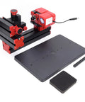 Ftvogue 6 In 1 Mini Motorized Lathe Machine Multi Functional DIY Woodworking Tool Kit, compact red and black device with base.