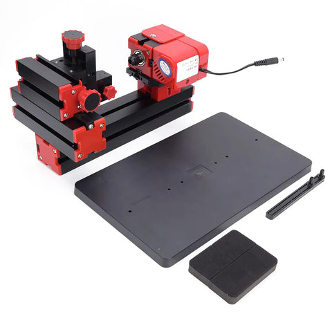 Ftvogue 6 In 1 Mini Motorized Lathe Machine Multi Functional DIY Woodworking Tool Kit, compact red and black device with base.