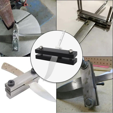 Rugged Hardened File Guide Knife Making Tool for DIY Knife Makers, 55 HRC Metal, in use for squaring tang shoulders on knives.