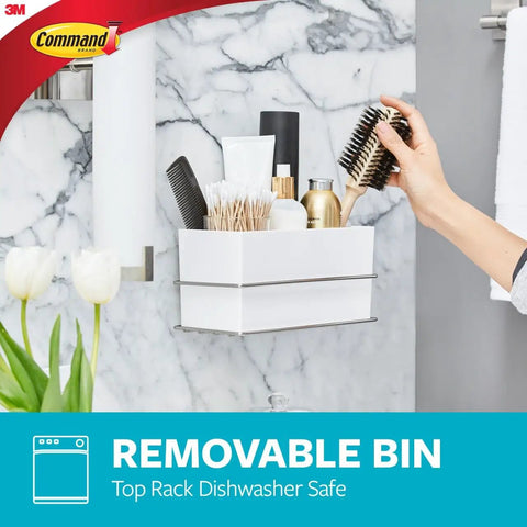 Wall And Cabinet Organizer With Water Resistant Strips For Clutter Free Bathroom No Tools Needed Easy Open Packaging Includes One Organizer And Four Large Strips featuring toiletries and hairbrush on bathroom wall.