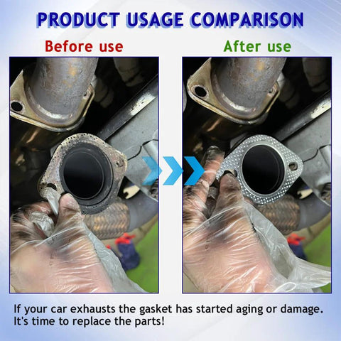 2PCS car exhaust gasket: left shows corroded flange before use; right shows reinforced high-temp gasket installed.