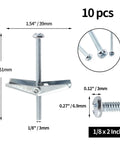 Image of 10Pcs 1 Eighth By 2 Inch Round Head Toggle Bolts With Wing Nuts For Drywall And Wood Hanging, Metal Heavy Duty Toggle Anchors Molly Screws Pack, showing bolts with measurements.