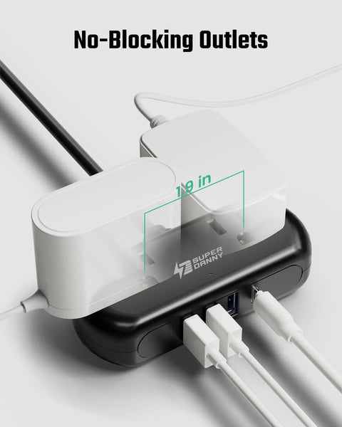 Black Six In One Charging Station With USB C And USB A Ports, showing two wide spaced 110V outlets and USB cables plugged in
