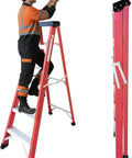 Person using Heavy Duty Fiberglass Step Ladder Built Like A Tank With An Insanely Solid 500 Pound Weight Rating Non Conductive Design for work.