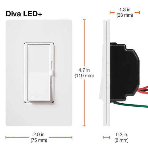 Super Sleek LED Dimmer Switch Compatible With Single Pole Or Three Way Wiring front and side view with dimensions.