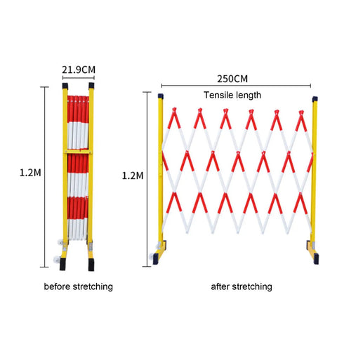 Smooth Setup Rock Solid Expandable Metal Barricade 8.2 Foot Portable Folding Security Gate With Heavy Duty Wheels Flexible Retractable Scissor Fence for job sites shown before and after stretching.