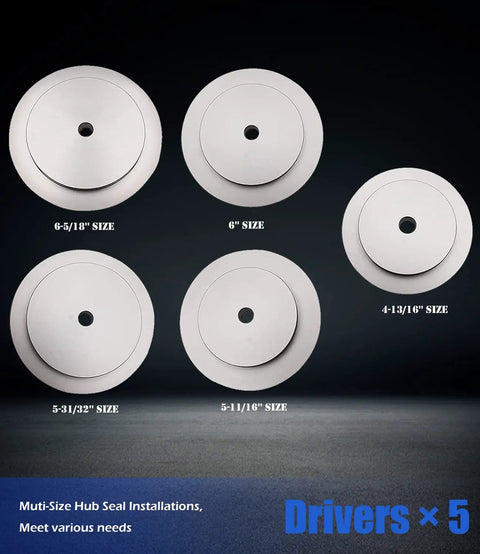 61850 Hub Seal Installer Kit Five Size Drivers For Class 7 And Class 8 Big Rigs Trailers And Some Medium Duty Vehicles Heavy Duty Seal Driver Set For Precise Hub Seal Installation Across Popular Seal Sizes shown in five sizes on a black background