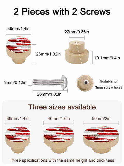 Top Shelf Solid Beech Wood Cabinet Knobs 2 Pack 1.6 Inch Round Grey Red Abstract Art Drawer Pulls Slick Finish For Kitchen Cupboards And Furniture Quick Kick Up Your Space. Image of cabinet knobs with dimensions and screws.