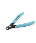 Heavy Duty Pro Grade Micro Shear Cutter For IC Pins Cables And Harnesses With Cushioned Grip 5 5/8 Inch Length 14 AWG Cutting Range Built For Safety And High Performance Durable Precision Tool For Electrical Work, showing blue cushioned grip and black metal cutting blades.