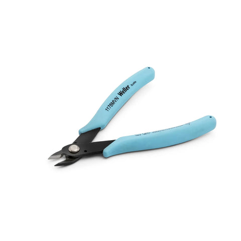 Heavy Duty Pro Grade Micro Shear Cutter For IC Pins Cables And Harnesses With Cushioned Grip 5 5/8 Inch Length 14 AWG Cutting Range Built For Safety And High Performance Durable Precision Tool For Electrical Work, showing blue cushioned grip and black metal cutting blades.