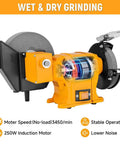 Heavy Duty Wet Dry Bench Grinder With Six And Eight Inch Grinding Wheels Powered By A Rugged 2.1 Amp Motor for fast metal wood sharpening.