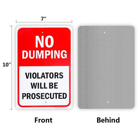 Heavy Duty No Dumping Warning Sign Pair 10 By 7 Inch Rust Free Aluminum Weather Resistant UV Coated Outdoor visible front and back views.
