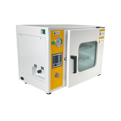 Heavy Duty 0.9 Cubic Foot Vacuum Drying Oven Featuring Pro Grade Pid Temperature Control 12 By 12 By 11 Inch Chamber with door open.