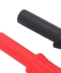 Two 4 mm insulated banana connectors (red and black), female-to-female couplers with PVC sleeves.