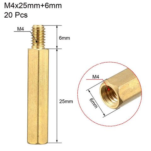M4x25mm Plus 6mm Male Female Hex Brass PCB Spacer Standoff, 20 pcs, showing threaded design and dimensions, ideal for drones.