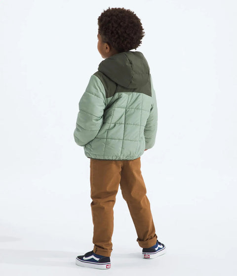 Rear view of a child wearing Kids Reversible Shasta Full Zip Hooded Jacket - Water-Resistant Puffer With Synthetic Insulation.