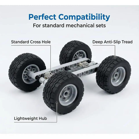 Top Tier Replacement Tires And Rims For Building Blocks 62 mm By 20 mm Rubber Wheels with anti-slip tread and lightweight hubs.