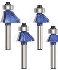 Four Pack 45 Degree Chamfer Router Bit Set With One Quarter Inch Shank Carbide Edges For Beveling And Wood Profiling Great For Edging And DIY Woodworking Includes Bevel Lengths One Quarter Five Sixteenths Three Eighths And One Half Inch.