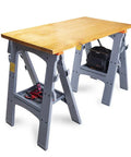 Heavy Duty Rectangular Folding Sawhorse Set Of Two Serving Up A Badass Nine Hundred Pound Weight Limit Along With Grippy Nonskid Bottoms For Smooth Jobsite Grinds with wood top and tool storage.