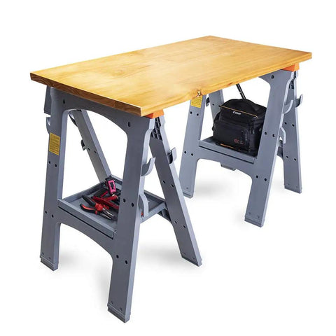 Heavy Duty Rectangular Folding Sawhorse Set Of Two Serving Up A Badass Nine Hundred Pound Weight Limit Along With Grippy Nonskid Bottoms For Smooth Jobsite Grinds with wood top and tool storage.