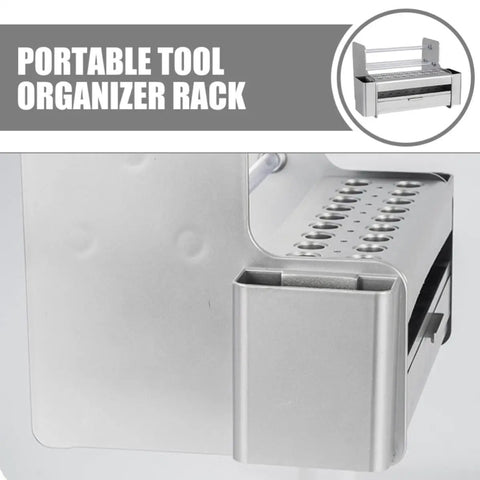 Slick Desktop Tool Organizer Rack With Spacious Drawer For Screwdriver And Hand Tool Storage, featuring a sleek silver design.