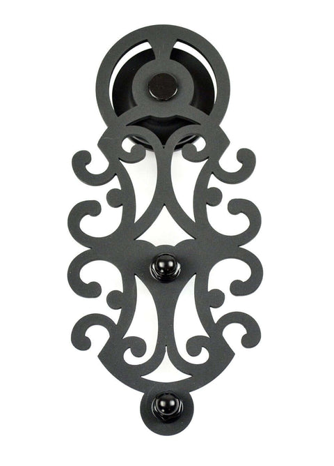 Ornate Black Iron Sliding Barn Door Hardware Kit For Single Door With 5.5 Foot Track, Roller Detail View