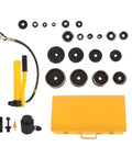 Pro Grade 15 Ton Hydraulic Knockout Punch Kit With One Half To Four Inch Conduit Hole Cutter Set And 10 Dies shown with yellow case