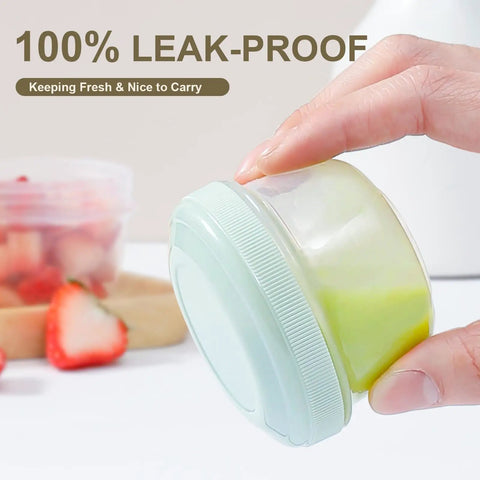 16 Pack 4 Ounce Reusable Plastic Jars With Lids For Snacks And Purees On The Go Salad Dressing Containers Deli Storage Freezer Baby Food Containers Dishwasher Safe And BPA Free shown with green puree and fruit