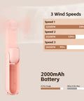 Portable Mini Handheld Fan With USB Rechargeable Power Bank And Built In LED Flashlight, 3 speed settings and 2000mAh battery.
