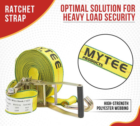 Heavy Duty 2 Inch By 27 Foot Ratchet Tie Down Straps With Wire Hooks 10 Pack 10,000 Lbs Breaking Strength in yellow polyester