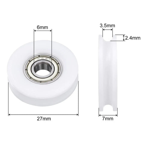 Rock Solid U Groove Ball Bearing Set With Smooth Rolling GCR15 Chrome Steel Balls For 6 X 27 X 7mm Pom Roller Wheels, side and top view.