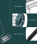 Rolling Lawn Aerator 18 Inch Rotary Push Tine Spike Soil Aerator with steel handle, showing sharp spikes and anti-skid handle close-up.