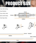 Product size diagram for Two Pack Brake Bleeder Hose Kit With One Way Check Valve And Clamp, illustrating dimensions and components.