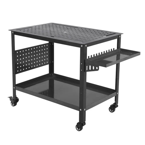 Hella Sturdy Rolling Steel Welding Table 36 By 24 Inches With Heavy Duty Casters showing double layer rack and tool drawer.