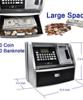 Kid Friendly ATM Piggy Bank With Electronic Coin Counter Card And Password Mini ATM Machine For Kids Educational Savings Toy With Goal Tracker Perfect Birthday Gift For Boys And Girls, black and silver design with space for 250 coins and 500 banknotes.