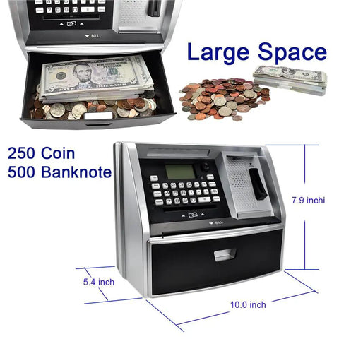 Kid Friendly ATM Piggy Bank With Electronic Coin Counter Card And Password Mini ATM Machine For Kids Educational Savings Toy With Goal Tracker Perfect Birthday Gift For Boys And Girls, black and silver design with space for 250 coins and 500 banknotes.