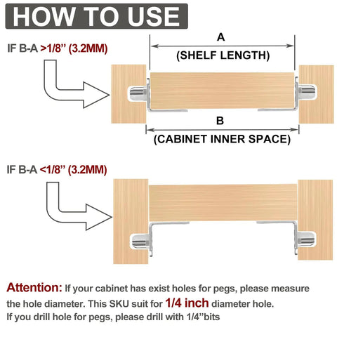 Diagram showing shelf length and cabinet inner space for 1/4 inch shelf pins, with installation instructions