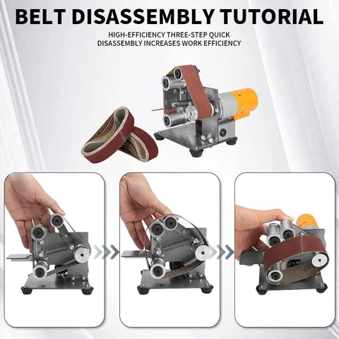 Belt disassembly tutorial showcasing the Compact Mini Belt Sander Electric Knife Sharpener Featuring Seven Adjustable Speeds.