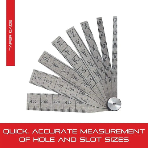 Tempered Steel Taper Gauge With Locking Device For Pros And DIY Home Improvement 0.100 To 0.500 Inches Range, fan display