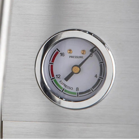 Pressure gauge on Next Level Semi Pro Espresso Machine Featuring 15 Bar Pump Pressure And Triple Thermoblock Heating.
