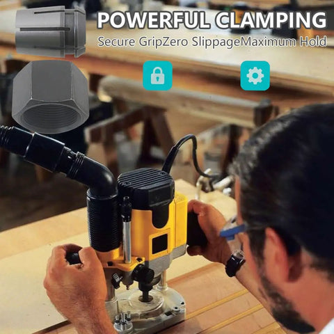 Two Pack Router Collet Replacement Kit One Half Inch Upgraded Beefed Up For Dewalt DW616 DW618 Series And MRC23EVS Models in use showing powerful clamping and precision woodworking.