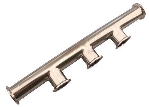 Side view of GOGOUP 1.5-inch stainless steel tri-clamp manifold with three ports, polished sanitary fitting.