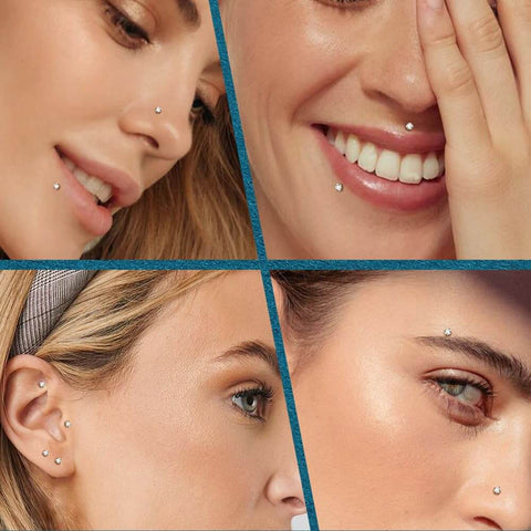 Close-up of various facial piercings showcasing a Piercing Taper Kit With Grabber Reachers And Threadless Insertion Tapers For 16G 18G 20G Jewelry.