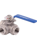 Three Way Ball Valve With T Mounting Pad Built Tough Stainless Steel 304 With Vinyl Locking Handle Three Quarter Inch NPT 1000 WOG