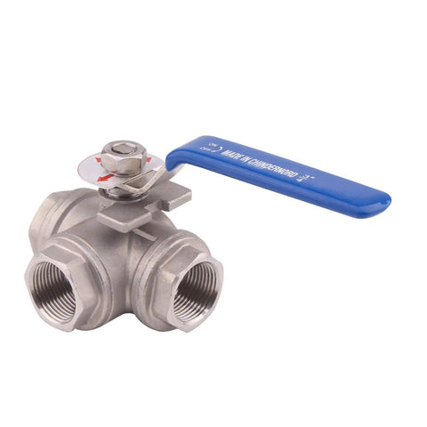 Three Way Ball Valve With T Mounting Pad Built Tough Stainless Steel 304 With Vinyl Locking Handle Three Quarter Inch NPT 1000 WOG