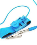 Anti Static Wrist Strap For ESD Grounding with blue adjustable band and metal clip for static discharge prevention.