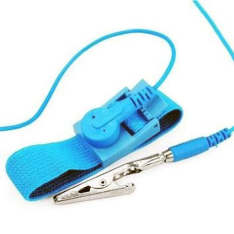 Anti Static Wrist Strap For ESD Grounding with blue adjustable band and metal clip for static discharge prevention.
